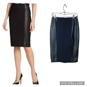 Classiques Entier Pencil Skirt Black Knit & Leather Panel Knee Length Size 2